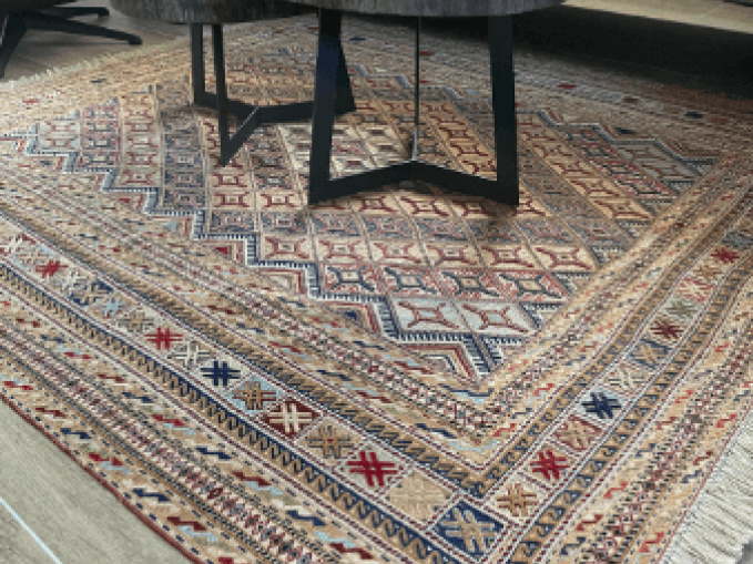 Klassiek kleurrijk handgeweven tapijt Afgan Meshwani zuivere scheerwol met franjes Vantyghem Fashionable Flooring